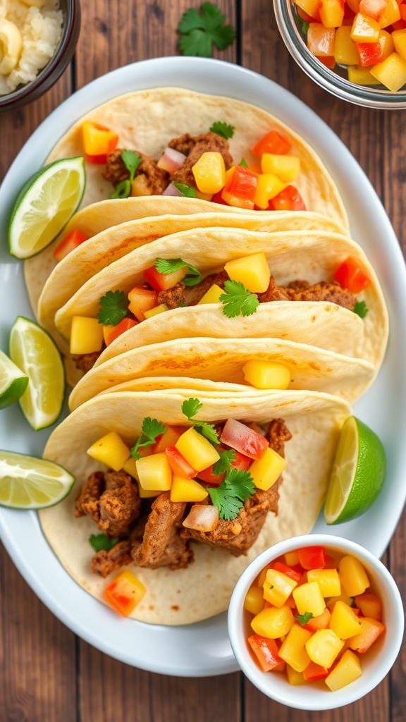 Spicy pork tacos with pineapple salsa on a plate, garnished with cilantro and lime.